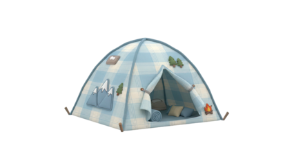 3D rendering of a blue checkered tent with illustrations of trees and mountains inside and outside