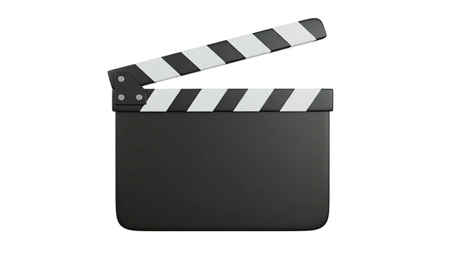 3D rendering of a black clapperboard with striped clapstick on a white background