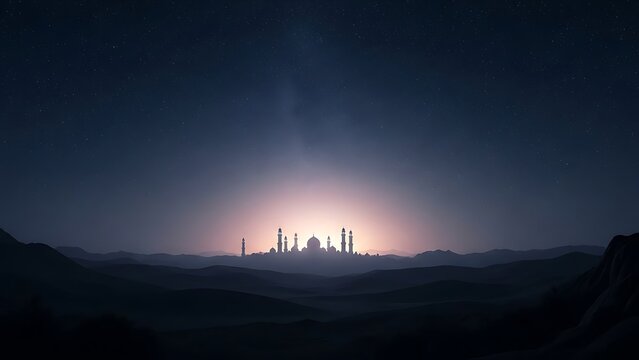 Majestic mosque silhouette at sunset with starry night sky
