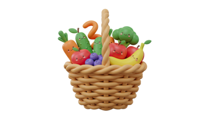 A 3D rendering of a wicker basket overflowing with fresh fruits and vegetables from a local market