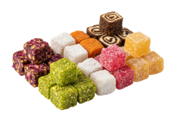 assorted colorful turkish delight candies on white background