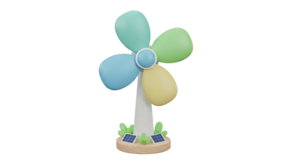 3D rendering of a colorful miniature wind turbine model with solar panels on a white background