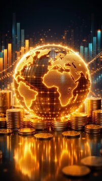 Gold globe currency exchange investment business finance cooperation digital money global symbol flow concept with glowing light golden world map chart coin stack and modern technology connection
