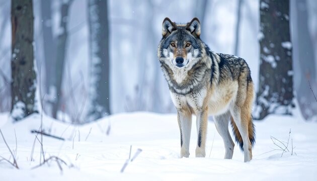 Majestic Grey Wolf Standing in Snowy Winter Forest Landscape - Powered by Adobe
