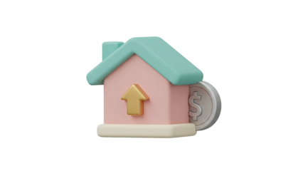 3D rendering of a pink house with a green roof and a coin with an upward arrow on the side