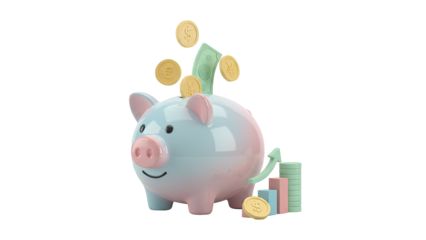 3D rendering of a piggy bank with coins and bills floating above it on a white background