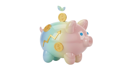 3d rendering of a pastel-colored piggy bank with coins and a graph on a white background