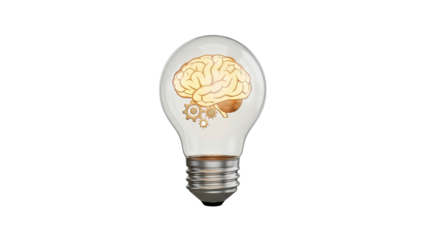 A 3d rendering of a light bulb with a brain inside on a white background