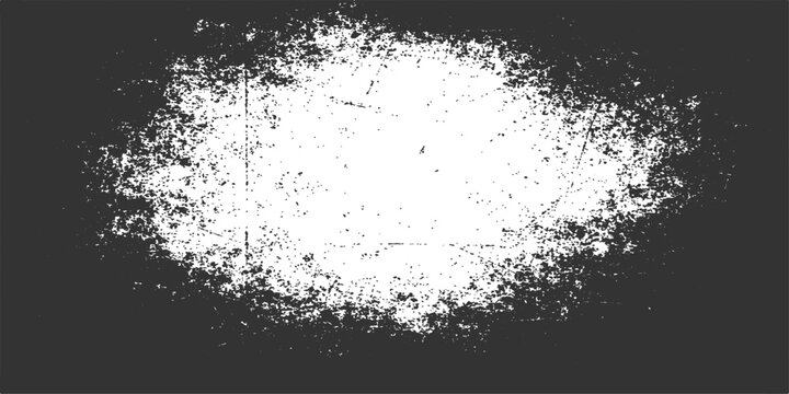 Abstract black and white grunge background featuring a dark ink splash design with a dirty paint texture and liquid spray border pattern