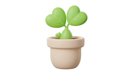 3D rendering of a heart-shaped plant in a pot on a white background