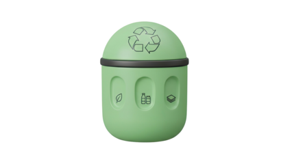 3D rendering of a green recycling bin with symbols on a white background from a front viewpoint