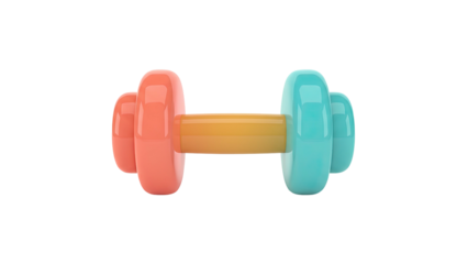 3D rendering of a dumbbell with colored weights on a white background