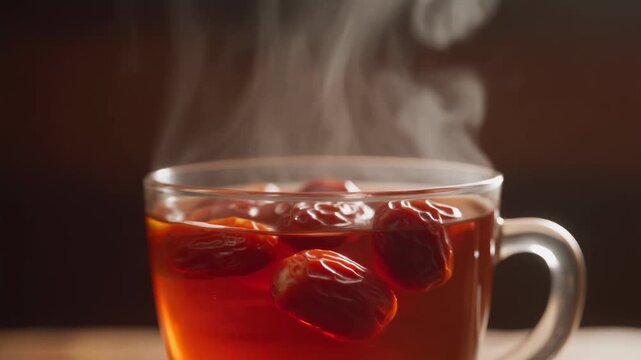 Steaming hot jujube tea (red date infusion) in a clear glass mug on a dark background ideal for winter comfort