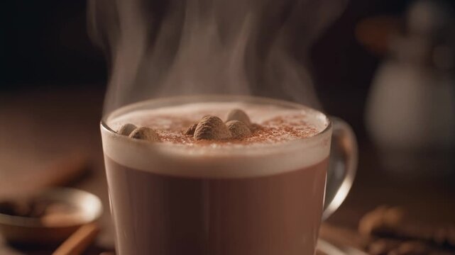 Close-up of steaming hot cocoa or mocha latte dusted with cinnamon and cocoa powder evoking warmth and comfort in a dark setting