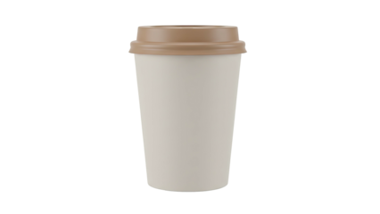 A 3d rendering of a disposable coffee cup with a brown lid on a plain white background