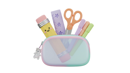 A 3D rendering of a pencil case filled with stationery items including pencils and scissors