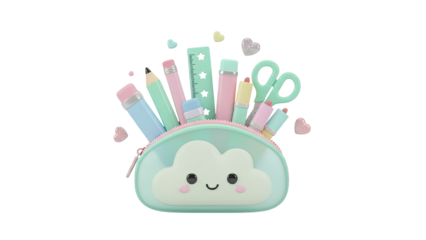 3D rendering of a cartoon pencil case with stationery and hearts floating around it