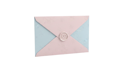 3D rendering of a pastel pink and blue envelope with a wax seal on a white background