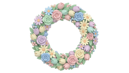 A 3D rendering of a floral wreath with colorful flowers and leaves on a white background