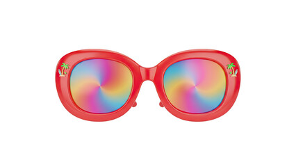 Vibrant red sunglasses with rainbow lenses in a 3D rendering against a white background