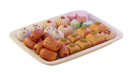 Assorted pastries and desserts arranged on a white platter, a 3D rendering of a sweet treats display