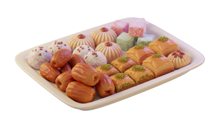 Assorted pastries and desserts arranged on a white platter, a 3D rendering of a sweet treats display