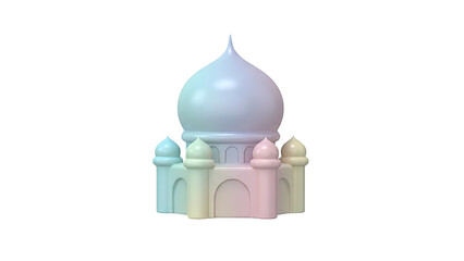 Pastel 3D rendering of a mosque with multiple domes and minarets in soft colors