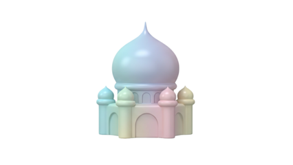 Pastel 3D rendering of a mosque with multiple domes and minarets in soft colors