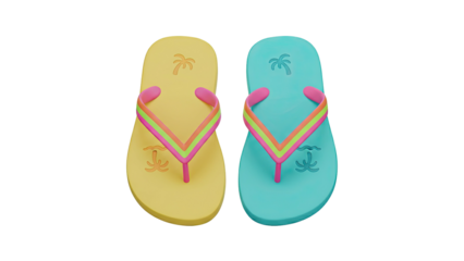 Vibrant flip flops displayed together in a 3d rendering against a clean white background