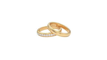 A 3D rendering of two intertwined gold wedding rings with diamonds on a plain white background from a frontal viewpoint