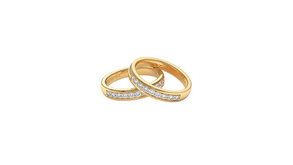 3D rendering of two intertwined gold rings with diamonds against a white background from a front viewpoint