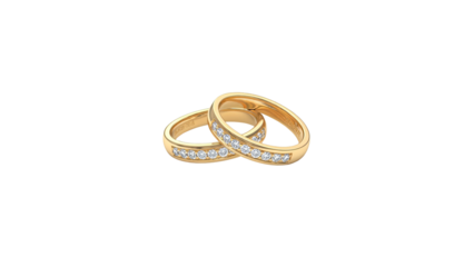 3D rendering of two intertwined gold rings with diamonds against a white background from a front viewpoint