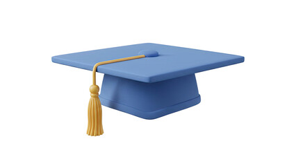 3D rendering of a blue graduation cap with golden tassel on a white background
