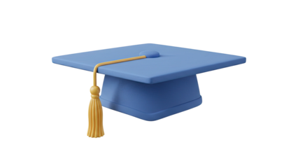 3D rendering of a blue graduation cap with golden tassel on a white background