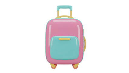 3D rendering of a pink suitcase with a blue pocket and yellow handle on wheels