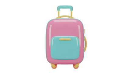 3D rendering of a pink suitcase with a blue pocket and yellow handle on wheels