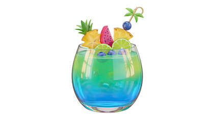 Vibrant Cocktail Glass with Fresh Fruits and Umbrella in 3D Rendering