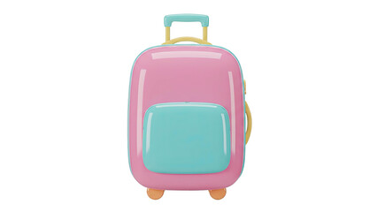 3D rendering of a pink suitcase with a blue pocket and yellow handle on wheels, ready for travel