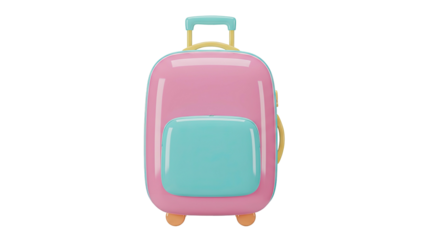 3D rendering of a pink suitcase with a blue pocket and yellow handle on wheels, ready for travel