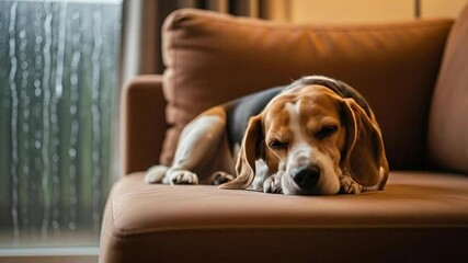 A beagle dog sleeping peacefully on a brown couch near a window with raindrops on glass on a gloomy day showcasing a serene domestic scene