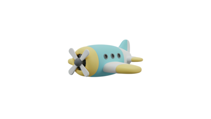 3D rendering of a toy airplane with blue and yellow colors on a plain white background