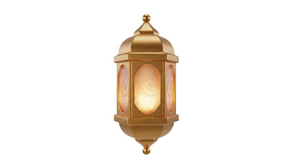 3D rendering of a golden lantern with glowing light, ornate details, and elegant design in a traditional setting