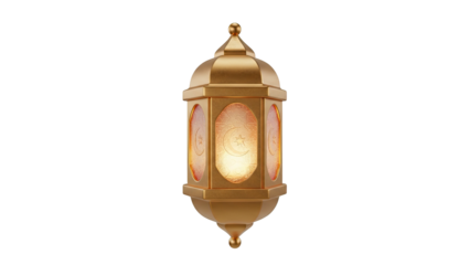 3D rendering of a golden lantern with glowing light, ornate details, and elegant design in a traditional setting