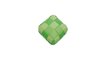 A 3D rendering of a green woven cube on a white background viewed from above