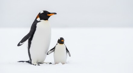 Fototapeta premium Two penguins standing in the snow.