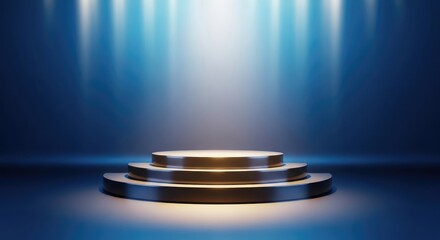A blue and gold metallic podium with a spotlight shining on it.