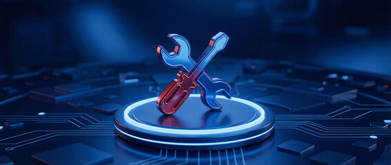 3D wrench crossed tools on circuit. Red blue metallic wrench repair service digital tech background.