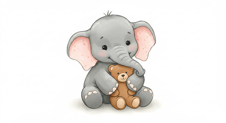 Charming animated baby elephant joyfully embraces a small brown teddy bear in a soft inviting nursery style illustration. AI Generated
