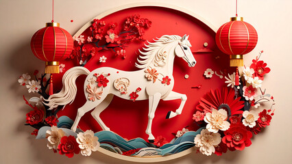 A festive winter illustration of a horse near a Christmas tree celebrating the New Year with snow and holiday decorations