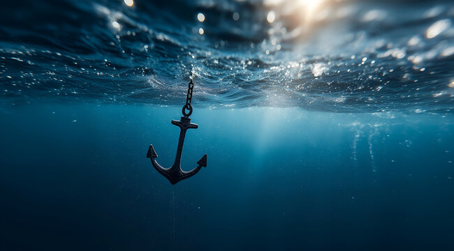 A serene underwater scene featuring a black anchor resting on the ocean floor, illuminated by soft rays of sunlight filtering through the water's surface.